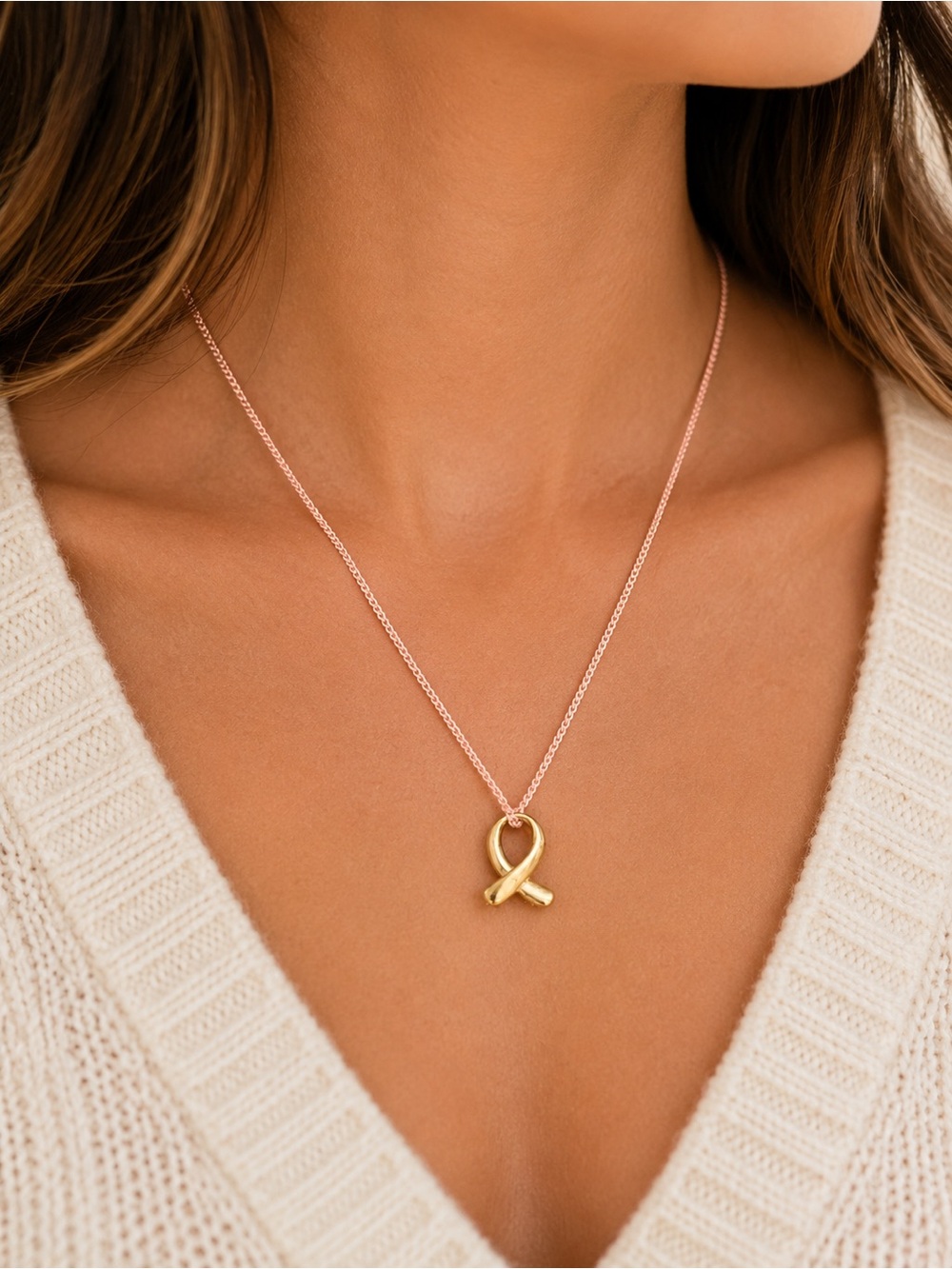 Plunder Pink Powder coated Awareness gold Ribbon Necklace NWT Hypoallergenic - Picture 2 of 7